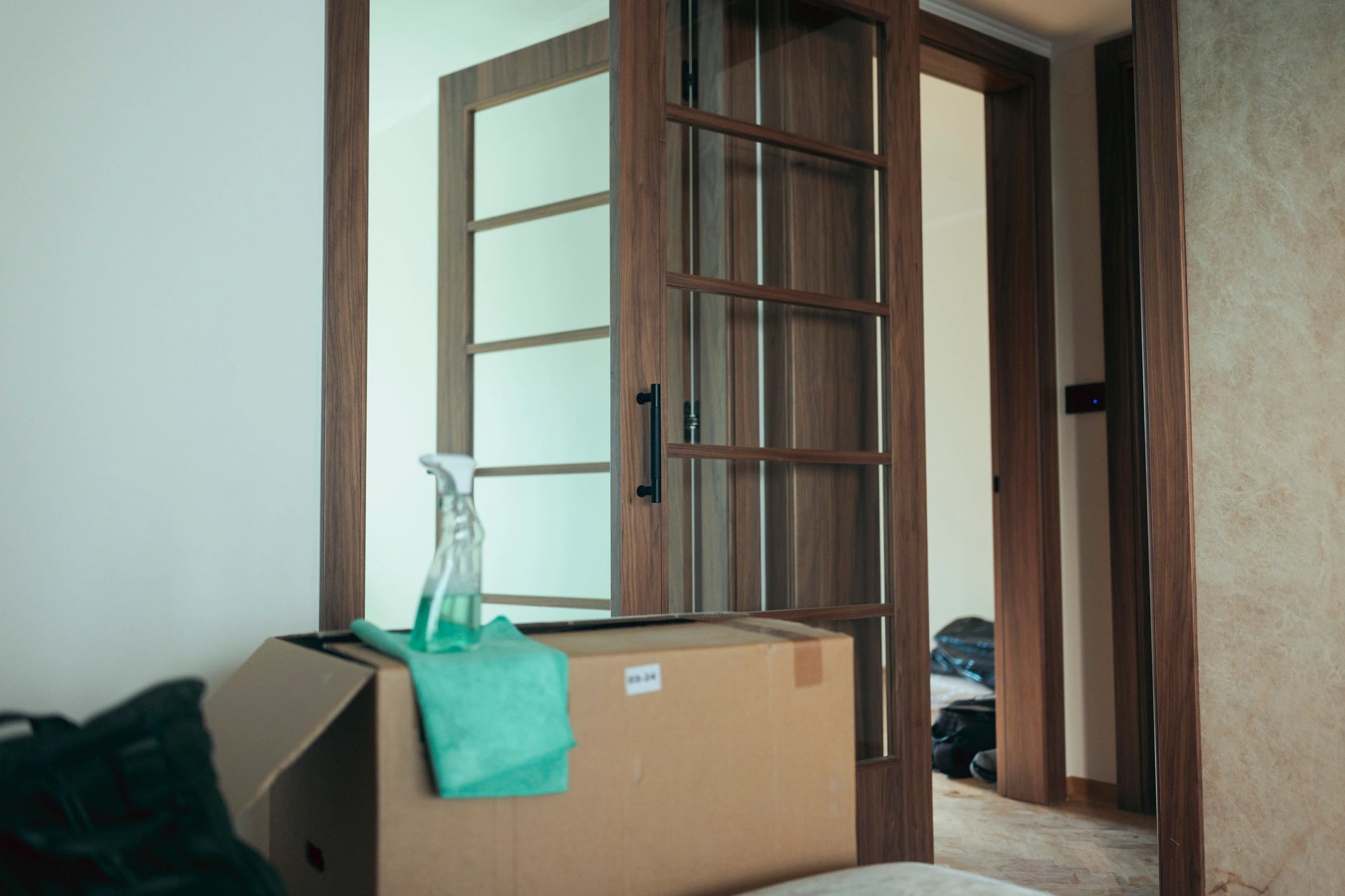 Cleaning and maintenance supplies prepared for property service visit